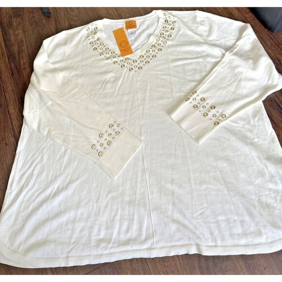 Ruby Rd. Women's Plus Size Grommet Embellished Fine Gauge Sweater Ivory Gold 3X - Picture 4 of 6